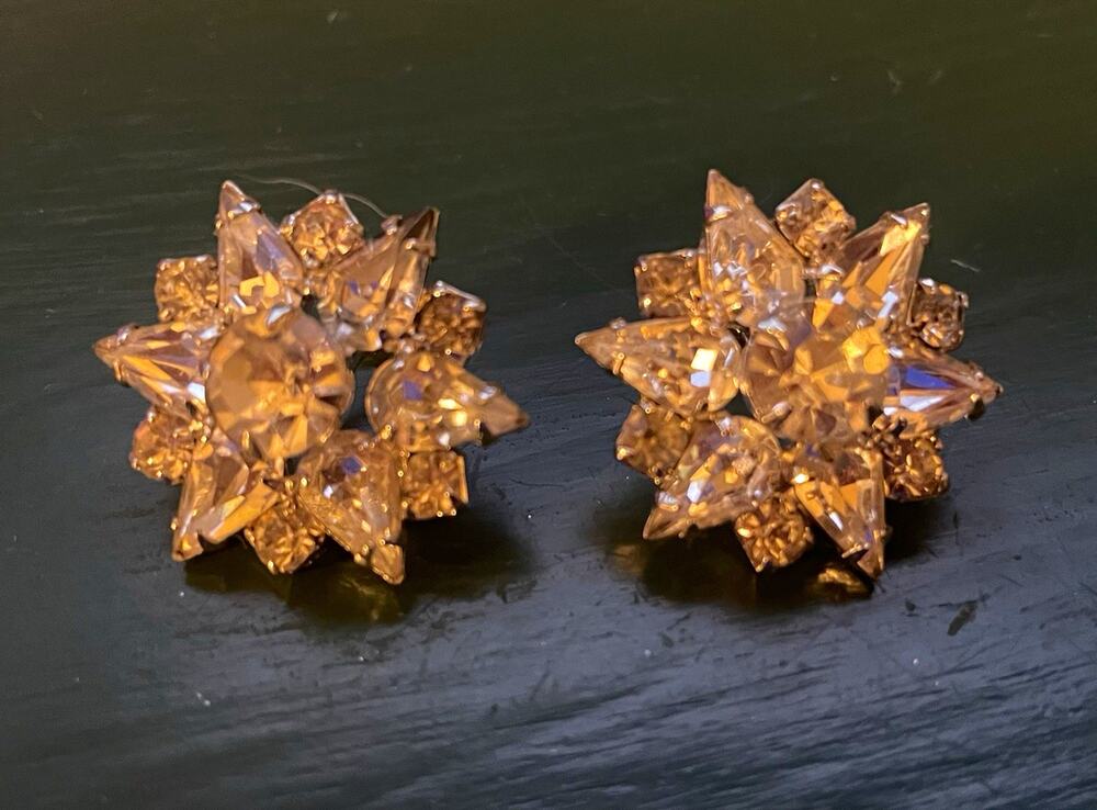 Vintage Clear Rhinestone Flower Cluster Stud Earrings Screw Back